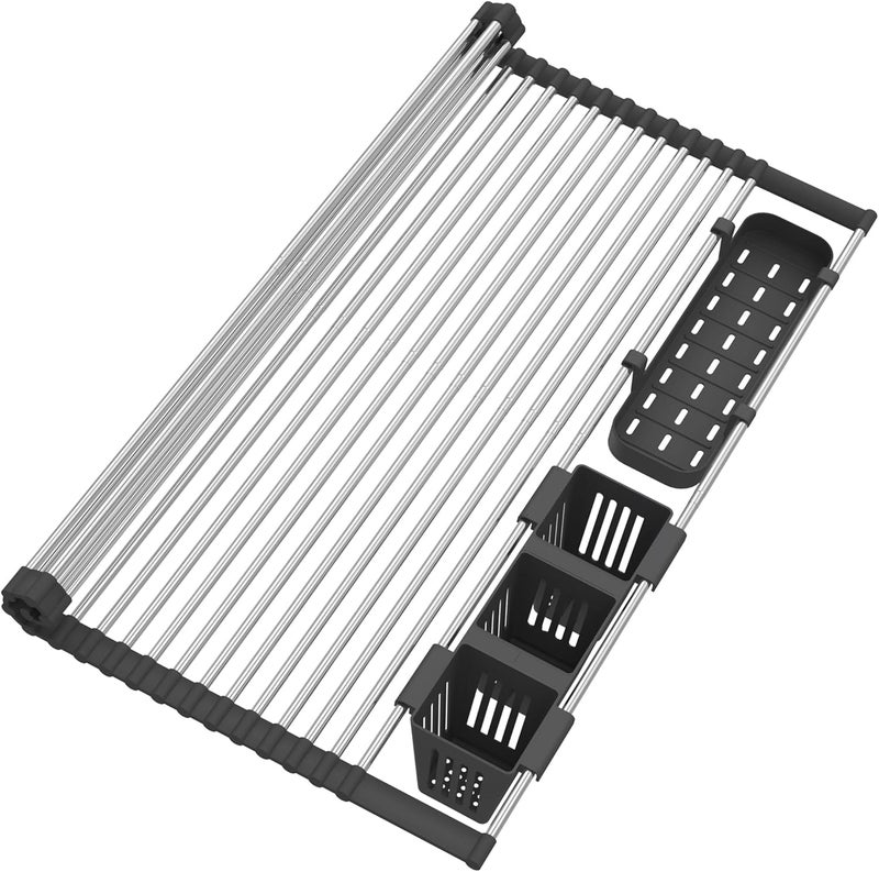 BBXTYLY Extra Large Black Expandable Roll Up Dish Drying Rack Up to 22.8''with 2 Storage Baskets,Over The Sink Kitchen Rolling up Dish Drainer Dish Drying Rack in Sink, Foldable,Rollable,for Kitchen Dishes - Image 1